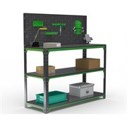 Стол-верстак ООО Металекс серия KIT 950х1500х400 мм, две полки + перфопанель с комплектом аксессуаров, серо-зеленый