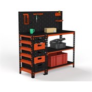 Стол-верстак ООО Металекс c одной тумбой, 950x1400x500 мм + перфопанель с комплектом аксессуаров оранжево-чёрный