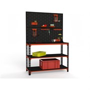 Стол-верстак ООО Металекс 950x1700x500 мм, две полки + двойная перфопанель с комплектом аксессуаров оранжево-чёрный